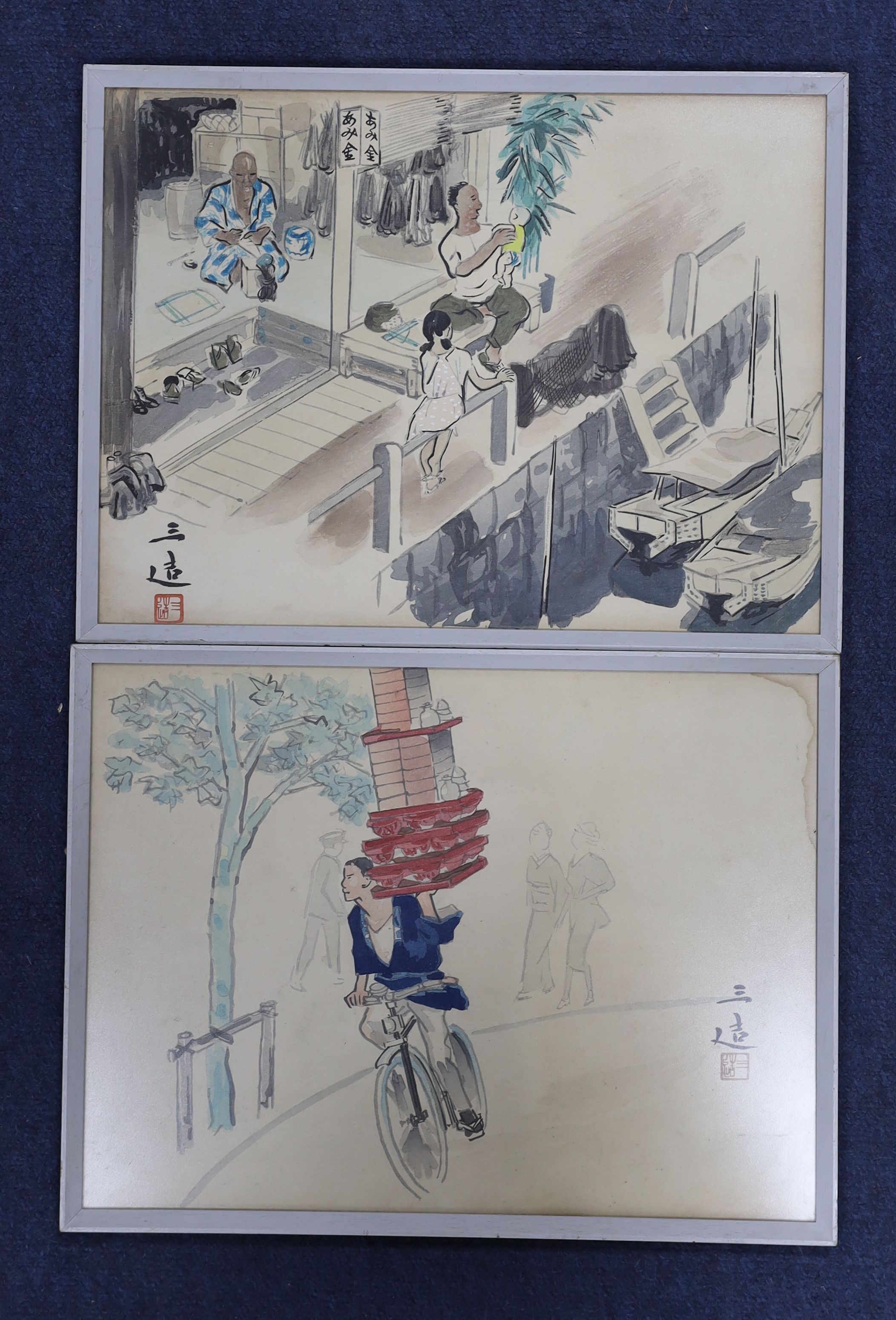 Japanese School, pair of watercolours, street scenes, 27 x 36cm.